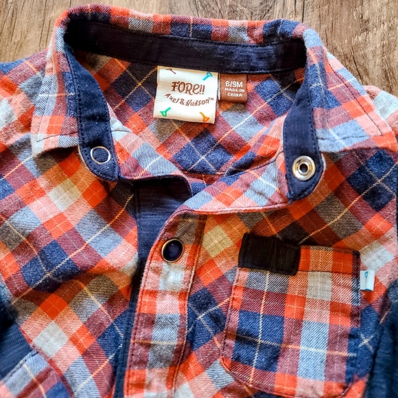 6-9 Month Boy FORE!! Axel & Hudson Boutique Outfit - Plaid Onesie/Tweed Pant - Picture 3 of 8